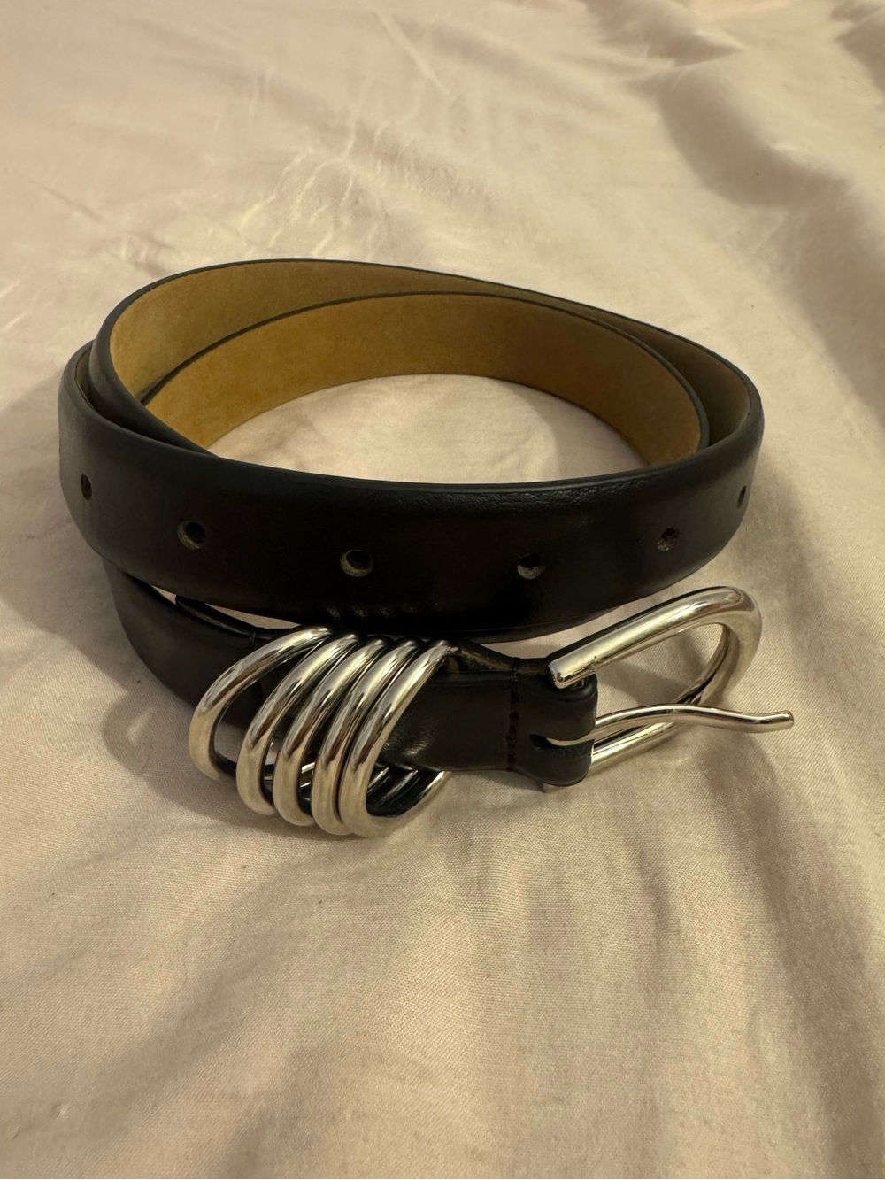 Abercrombie & Fitch Black Leather Men's Belt with Silver Multi-Ring Buckle